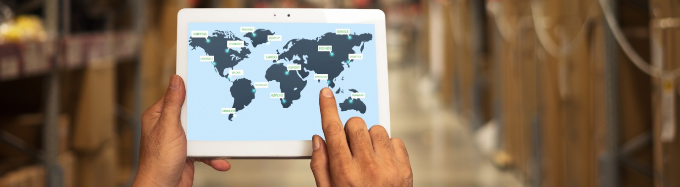 Worldmap on a tablet, showing international logistic sites